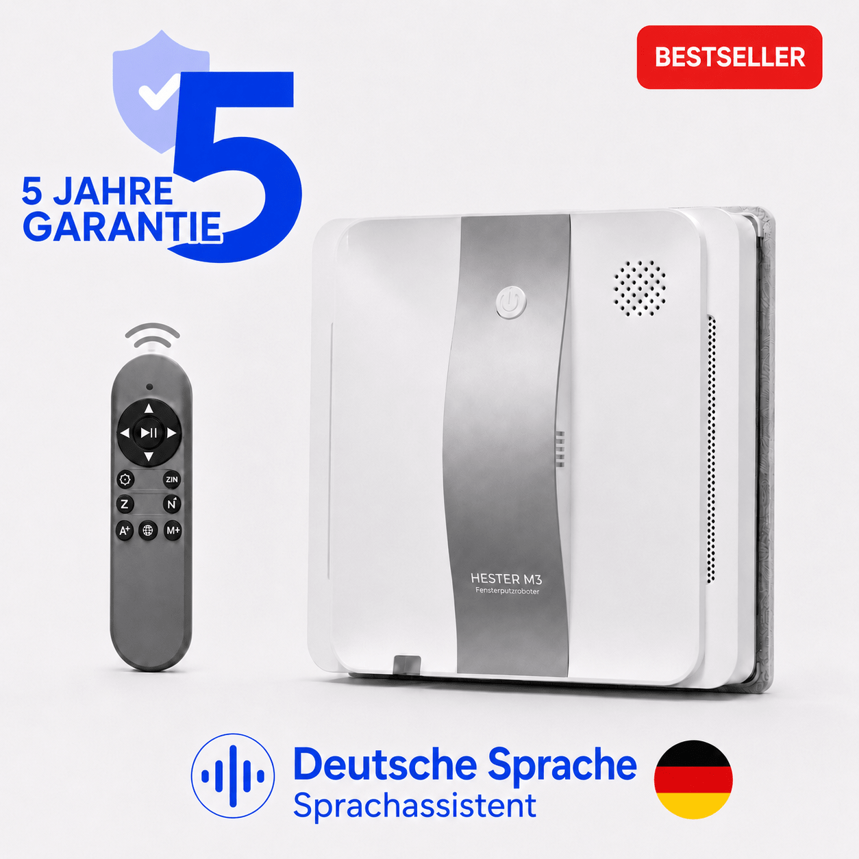 Professioneller Fensterputzroboter HESTER M3 PRO Extra Clean mit KI-Navigation und Eckenreinigung für Fenster, Spiegel und Fliesen - Hester